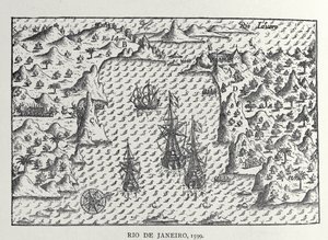 "Rio de Janeiro em 1599", de Olivier de Noort, "Descrição da viagem cansativa", Amsterdã, 1602 de Netherlandish School